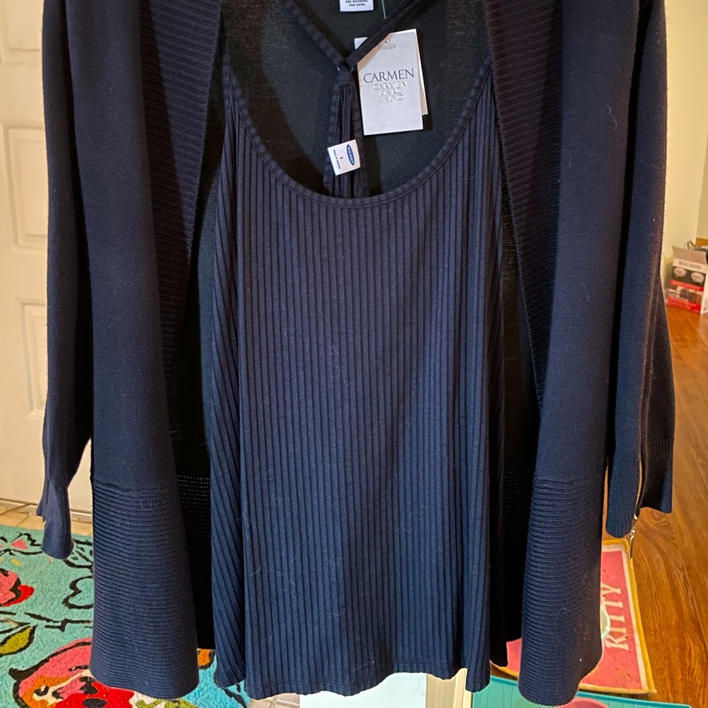 Black ribbed tank top w/ matching cardigan sweater w/gold zippers on sleeves.NWT
